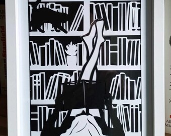 Library Papercut Lightbox SVG File A4 DIY, Bookstore Shadow Box, Cricut, Girl read book Shadow Paper Cut Light Box Template Files