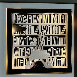 Bibliotèque Papercut square Lightbox SVG Fichier DIY, Bookstore Shadow Box, Cricut, Girl read book Shadow Paper Cut Light Box Template Files