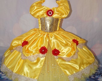 Princess Belle Beauty and the Beast Inspired Red Rose Gold Tutu Dress Pageant Ball Gown Birthday Party Costume