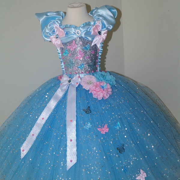 Princess Cinderella Butterfly Inspired Blue Satin Tutu Dress Pageant Ball Gown Birthday Party Costume