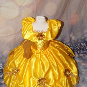 Princess Belle Beauty and the Beast Inspired Gold Satin Red Rose Tutu Dress Pageant Ball Gown Birthday Party Costume image 3