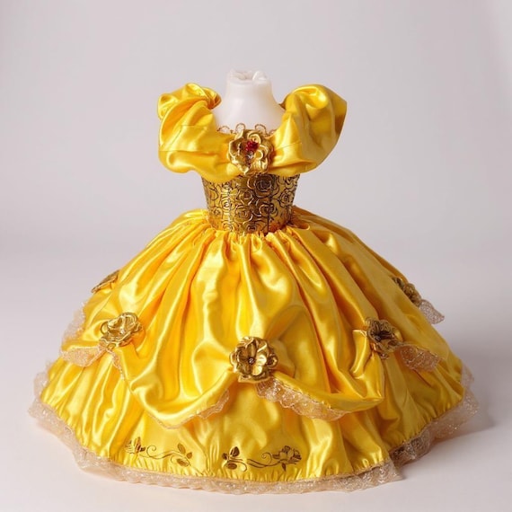 Princess Belle Beauty and the Beast Inspired Gold Satin Red Rose Tutu Dress  Pageant Ball Gown Birthday Party Costume - Etsy