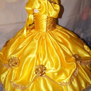 Princess Belle Beauty and the Beast Inspired Gold Satin Red Rose Tutu Dress Pageant Ball Gown Birthday Party Costume image 5