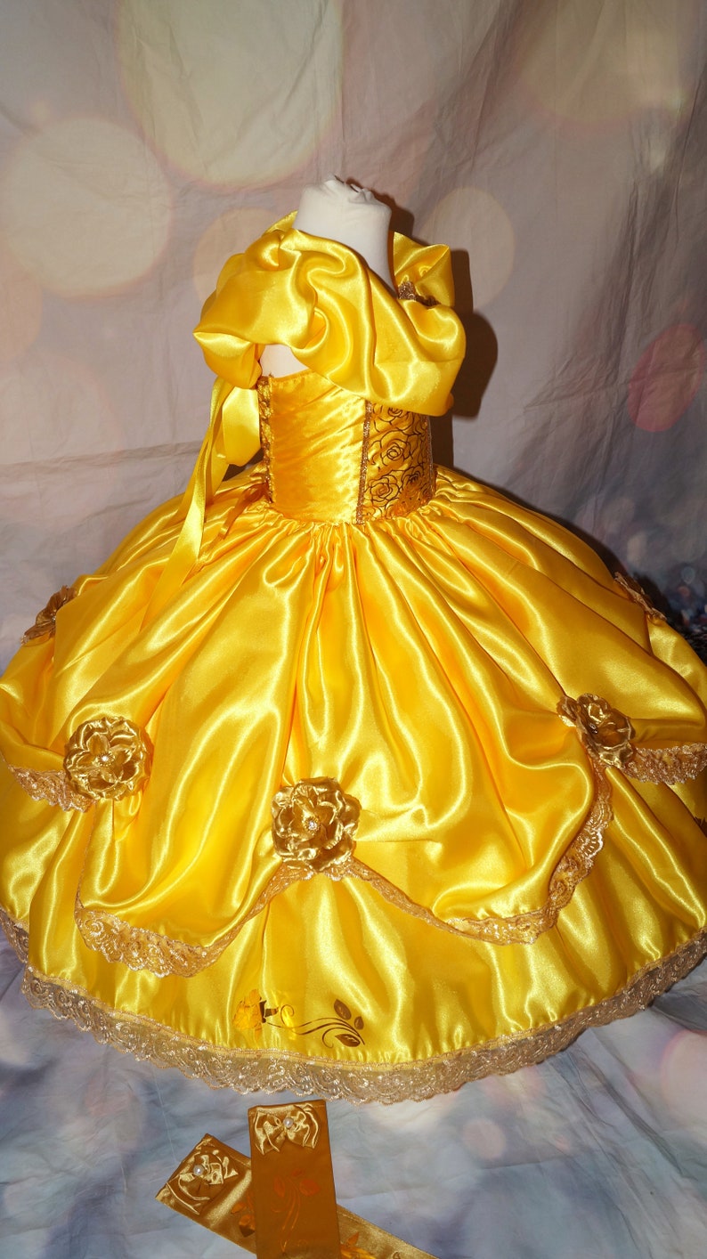 Princess Belle Beauty and the Beast Inspired Gold Satin Red Rose Tutu Dress Pageant Ball Gown Birthday Party Costume image 5