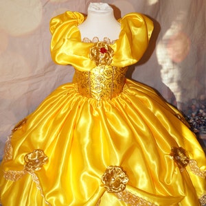 Princess Belle Beauty and the Beast Inspired Gold Satin Red Rose Tutu Dress Pageant Ball Gown Birthday Party Costume image 2