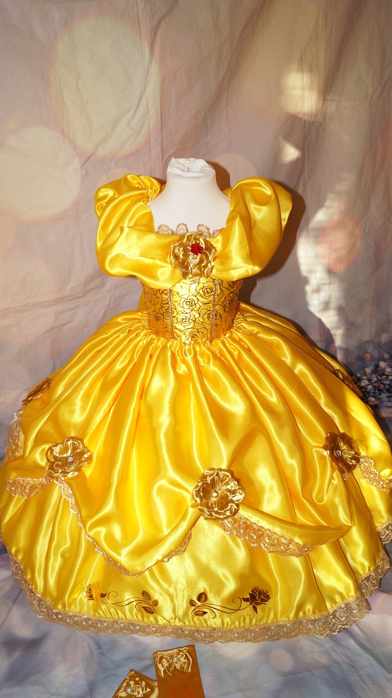 Princess Belle Beauty and the Beast Inspired Gold Satin Red Rose Tutu Dress Pageant Ball Gown Birthday Party Costume image 2