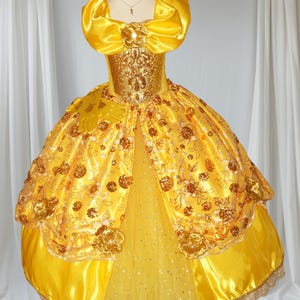 Deluxe Princess Belle Beauty and the Beast Inspired Gold Rose Tutu Dress Pageant Ball Gown Birthday Party Costume