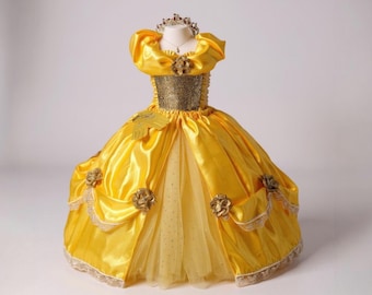 Abito da sera con tutù dorato ispirato a La Bella e la Bestia, perfetto per concorsi di bellezza, balli e feste di compleanno.