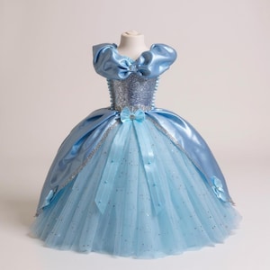 Princess Cinderella Inspired Blue Satin Tutu Dress Pageant Ball Gown Birthday Party Costume