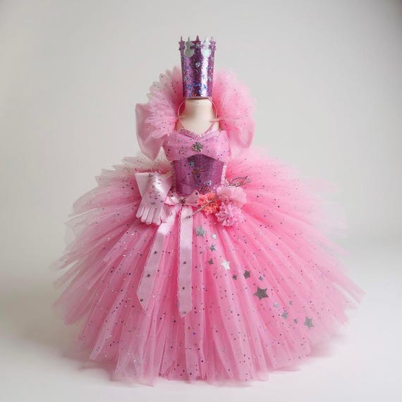 open lace back dress Girls Glinda Costume Pink Glinda Cosplay Outfit Sequins Party Dress Up