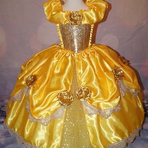 Princess Belle Beauty and the Beast Inspired Gold Tutu Dress Pageant Ball Gown Birthday Party Costume