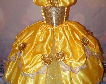 Princess Belle Beauty and the Beast Inspired Gold Tutu Dress Pageant Ball Gown Birthday Party Costume