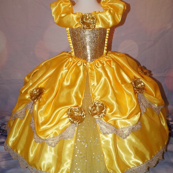Princesa Bella, La Bella y La Bestia, vestido de tutú dorado inspirado, vestido de baile para desfile, disfraz de fiesta de cumpleaños