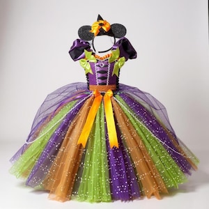 Vestito tutù ispirato alla strega di Minnie viola e arancione, costume da ballo per festa di compleanno