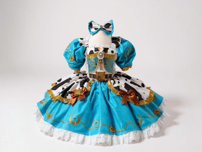 May include: A turquoise and white cowgirl-themed dress with a matching bow. The dress features a bodice with gold trim, puff sleeves, and a skirt with a cow print and gold accents. A decorative belt and bow complete the look.