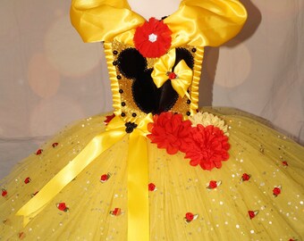 Princess Red Rose Minnie Mouse Inspired Yellow Satin Tutu Dress Pageant Ball Gown Birthday Party Costume