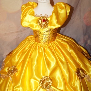 Prinzessin Belle Die Schöne und das Biest inspiriert Gold Satin Rote Rose Tutu Kleid Festzug Ballkleid Geburtstagsparty Kostüm