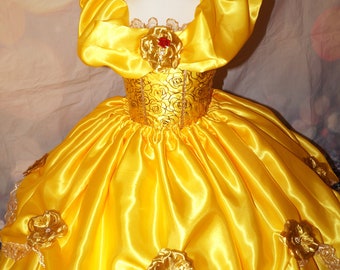 Princess Belle Beauty and the Beast Inspired Gold Satin Red Rose Tutu Dress Pageant Ball Gown Birthday Party Costume