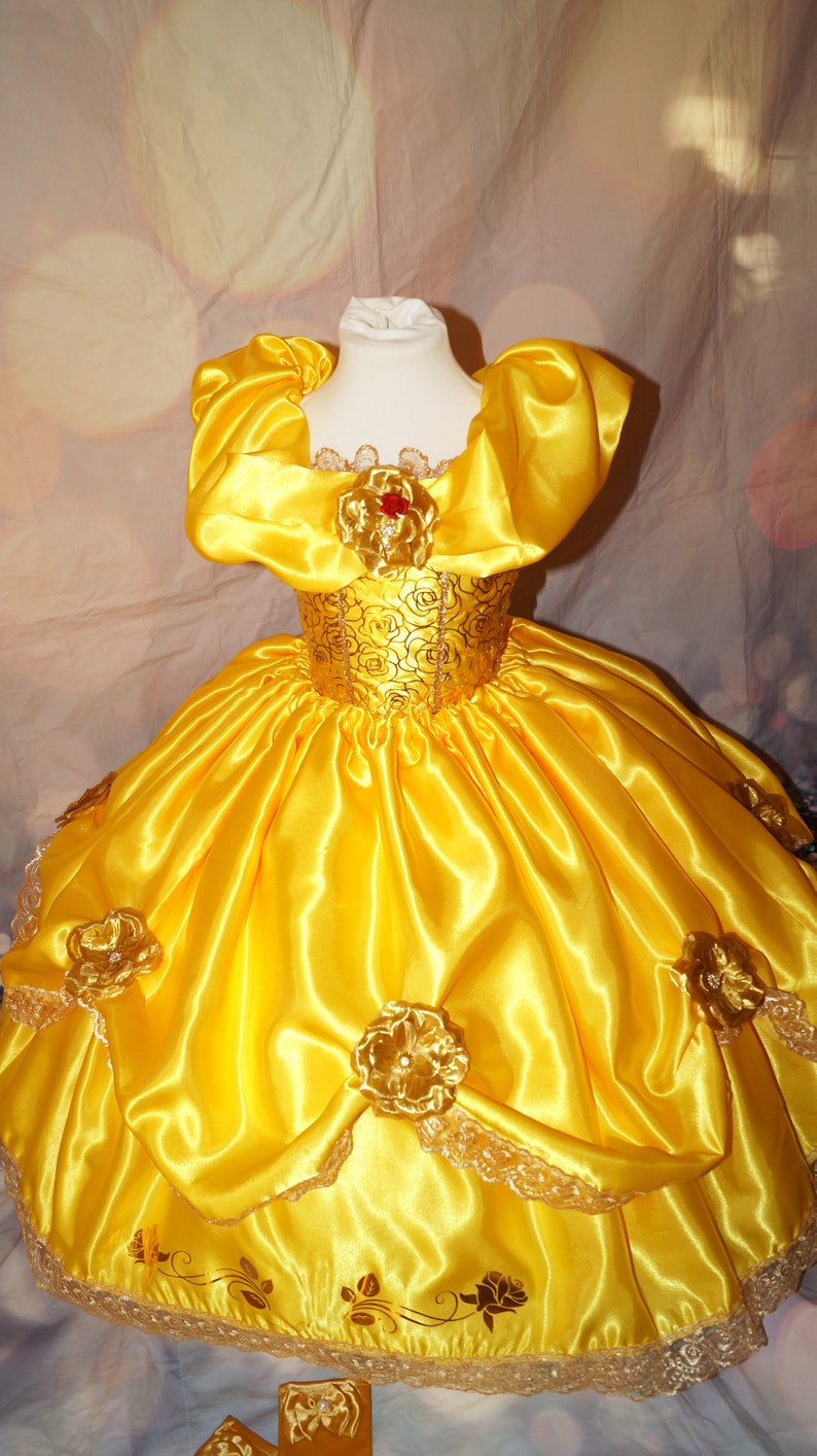 Princess Belle Beauty and the Beast Inspired Gold Satin Red Rose Tutu Dress Pageant Ball Gown Birthday Party Costume image 1