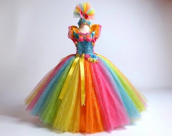 Princess Poppy Trolls Rainbow Inspired Tutu Dress Pageant Ball Gown Birthday Party Costume