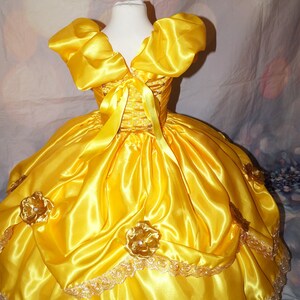 Princess Belle Beauty and the Beast Inspired Gold Satin Red Rose Tutu Dress Pageant Ball Gown Birthday Party Costume image 6