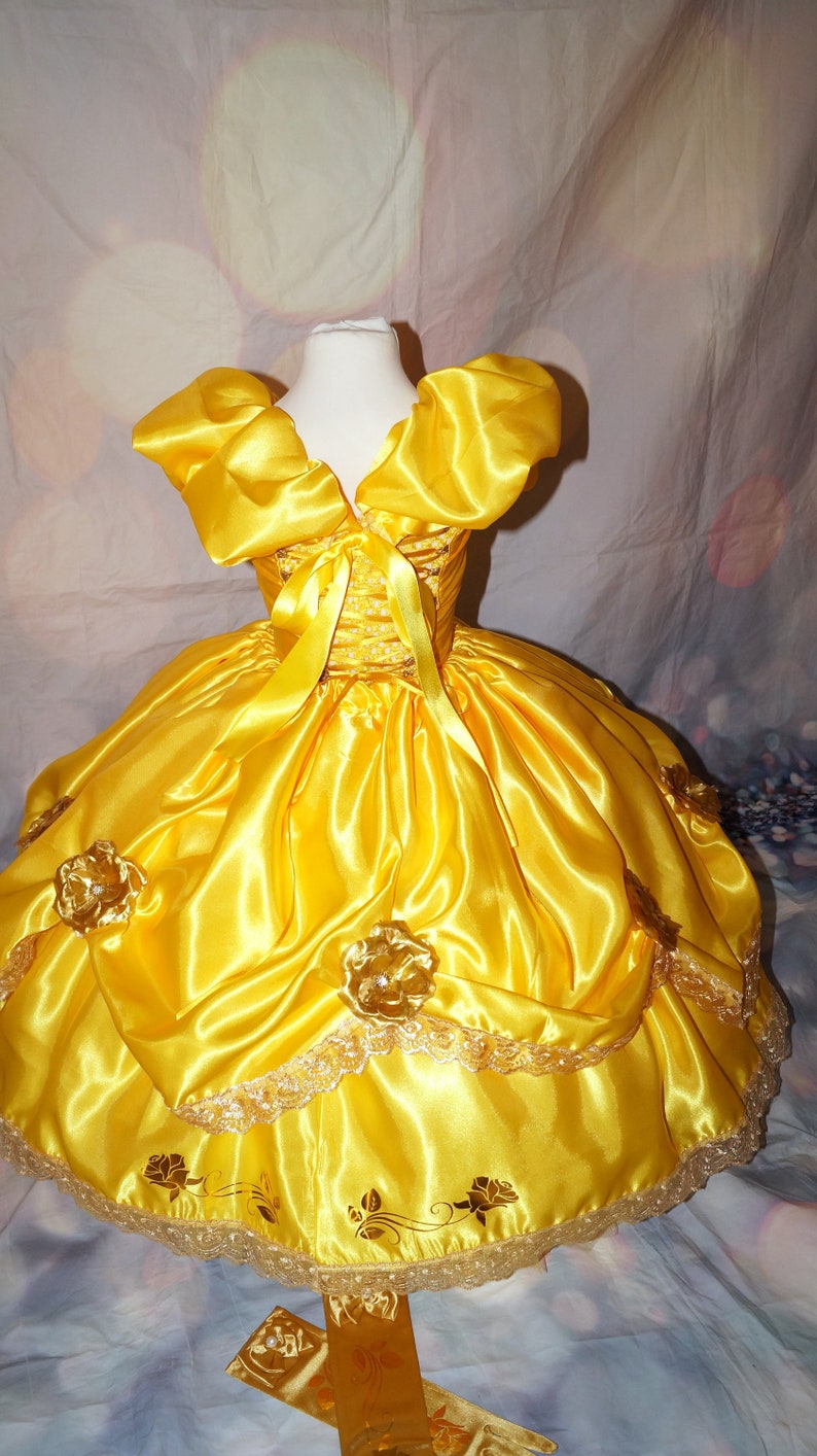 Princess Belle Beauty and the Beast Inspired Gold Satin Red Rose Tutu Dress Pageant Ball Gown Birthday Party Costume image 6