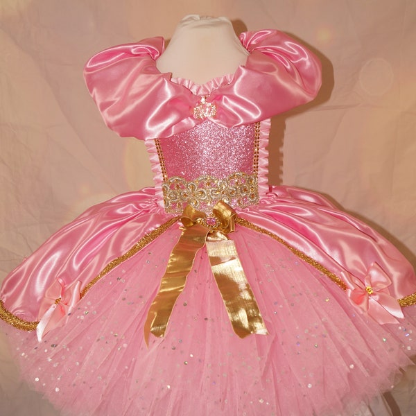 Princess Cinderella Inspired Pink and Gold Satin Tutu Dress Pageant Ball Gown Birthday Party Costume
