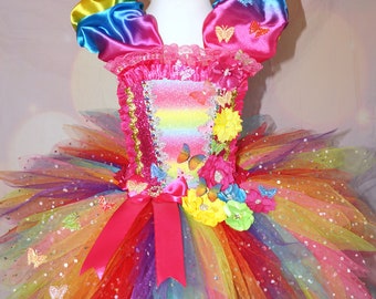 Princess Bright Rainbow Butterfly Pink Flower Fairy Tutu Dress Pageant Ball Gown Birthday Party Costume