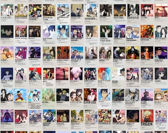 May include: A collage of 100 minimalist anime poster designs featuring various popular anime series. Each poster features a unique color scheme and a simple design with the anime title and a few key characters.