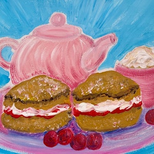 Landschap Cream Tea keukenkunst zee blauw strand golf canvas zee oceaan golven schilderij print door SLX originele kunst kunstenaar Shirley Loach
