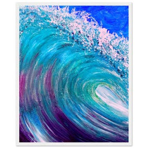 Puede incluir: Pintura abstracta de una ola turquesa rompiendo con espuma blanca y matices de púrpura y azul.