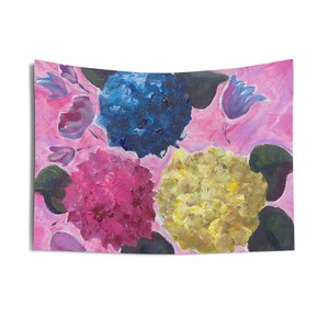 Hydrangea Flowers Pink Blue and Yellow Indoor Wall Tapestries