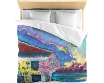 Funda nórdica de microfibra con diseño de amanecer en una cabaña costera / Pintura de la costa