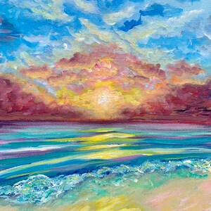 Landschap blauwe golf zonsondergang zee blauw strand golf canvas zee oceaan golven schilderij print door SLX originele kunst kunstenaar Shirley Loach