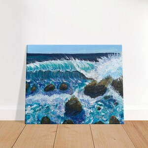Wave Crashing Rocks Blue Sea  White Warm Blue Sky Beach Wave Canvas Sea Ocean Waves Painting Print by SLX Original Art Artist Shirley Loach