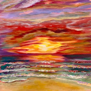 Retrato de puesta de sol, mar, océano, cielo, lienzo, olas del océano, pintura impresa por la artista de arte original de SLX Shirley Loach