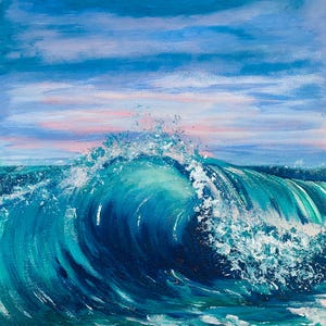May include: A painting of a large, turquoise wave crashing in the ocean. The sky is a light blue with pink clouds.