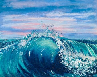 青色系 波と空の風景 絵画海 SLXOriginalArt による青い空、ビーチ、海の波、海、海岸の絵画