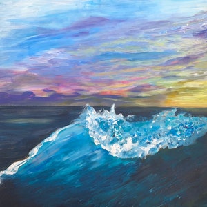 Paysage bleu vague coucher de soleil mer plage vague vague toile mer océan vagues peinture impression par l'artiste d'art SLX Shirley Loach