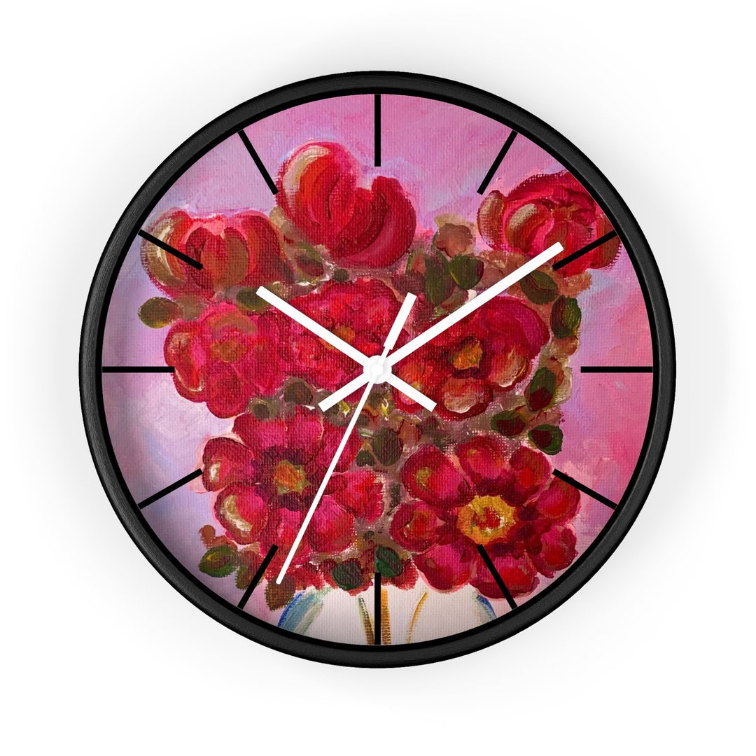 Red Roses Wall Clock Red Roses Pink Lilac Kitchen Bedroom Horse ...