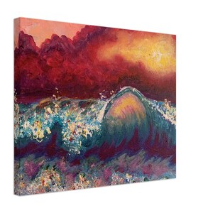 May include: Abstract painting of a large wave crashing in the ocean with a red, orange, and yellow sunset sky in the background.