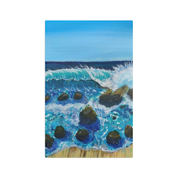 Torchon doux, peinture d'art mer océan ciel bleu vagues plage de rêve côtière rose ciel bleu nuages moelleux torchon cuisine