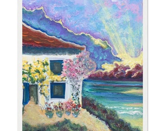 Cottage by the Sea Sunlight Painting Pink & Blue Sky A2 Premium Matte Paper Wooden Fine Art Print of Original Painting
