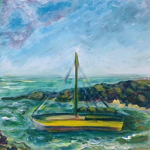 Retrato Barco Mar Azul Playa Ola Lienzo Mar Océano Olas Pintura Impresión por SLX Artista de Arte Original Shirley Loach