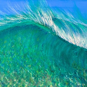 Landschap groene golf zee blauw strand golf canvas zee oceaan golven schilderij print door SLX originele kunst kunstenaar Shirley Loach