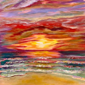 Landschap rode zonsondergang zee blauw strand golf canvas zee oceaan golven schilderij print door SLX originele kunst kunstenaar Shirley Loach