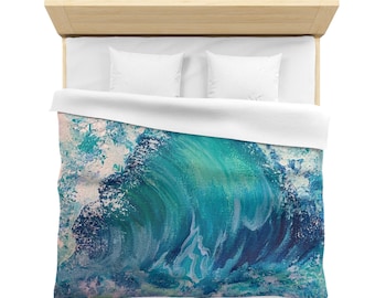 May include: A blue and green abstract wave pattern duvet cover. The duvet cover is made of soft, comfortable fabric and features a unique, artistic design.