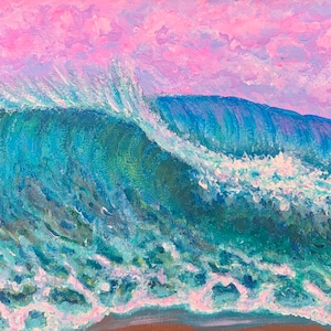 Landschap roze zonsondergang zee blauw strand golf canvas zee oceaan golven schilderij print door SLX originele kunst kunstenaar Shirley Loach