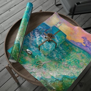 Faro rosa cielo soffici nuvole blu oceano spiaggia pittura carte da regalo