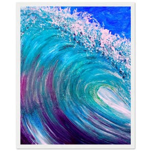 Puede incluir: Pintura abstracta de una ola azul, verde y morada que rompe. La ola está pintada con pinceladas gruesas y tiene una cresta espumosa blanca.
